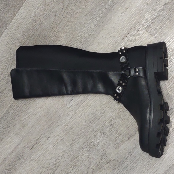 Karl Lagerfeld Milla Black Knee High Rhinestone Equestrian Buckle New Lug Boots - Picture 10 of 10